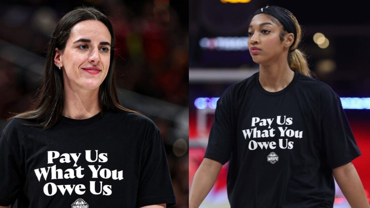 Caitlin Clark and Angel Reese wearing the 'Pay Us' t-shirts