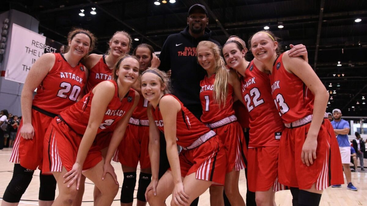 Kevin Durant supporting AAU basketball, here with future Iowa stars Caitlin Clark and Kylie Feuerbach