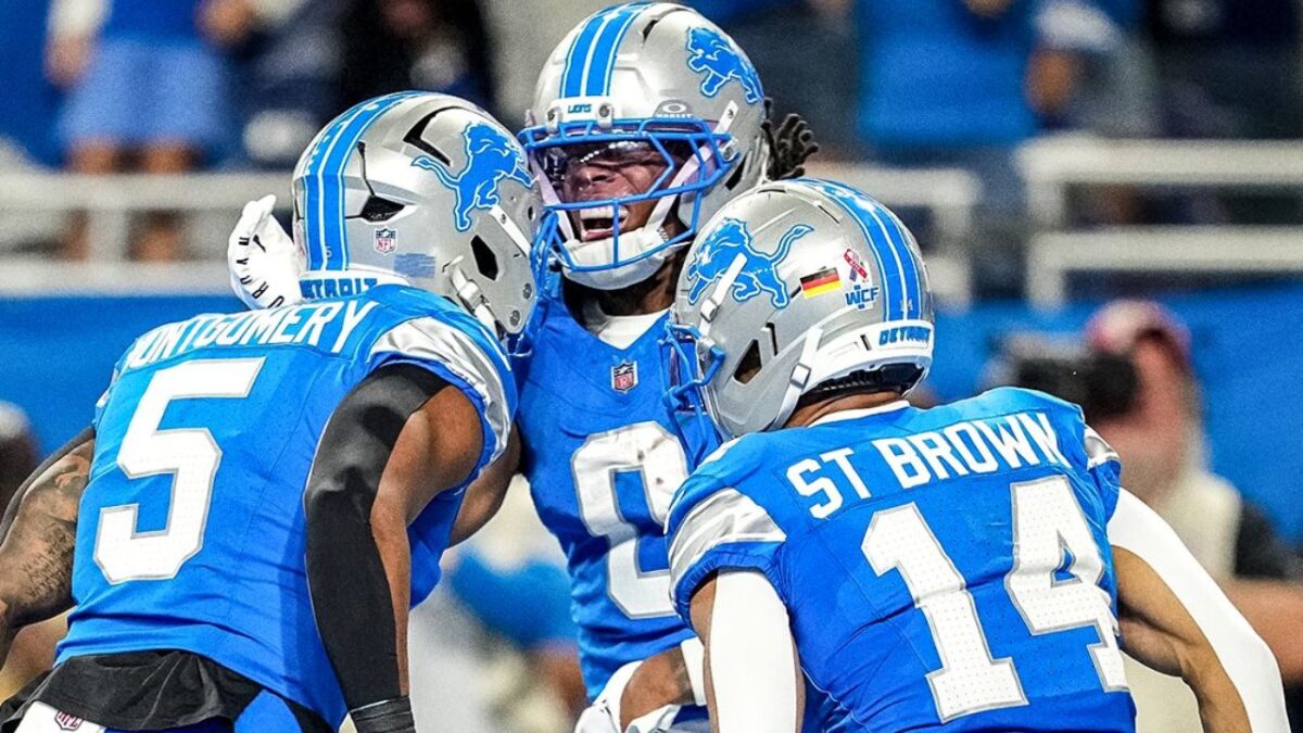 David Montgomery, Jahmyr Gibbs, and Amon-Ra St. Brown during happier times