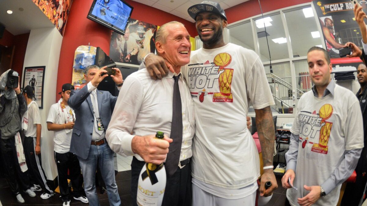 Pat Riley and LeBron James after their 2nd championship win