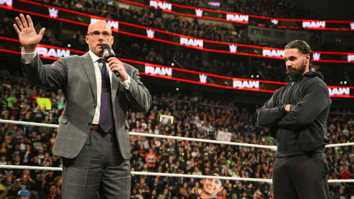 Adam Pearce and Seth Rollins on Raw