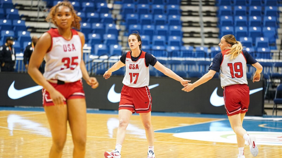 Kiki Iriafen, Caitlin Clark, and Paige Bueckers at practice