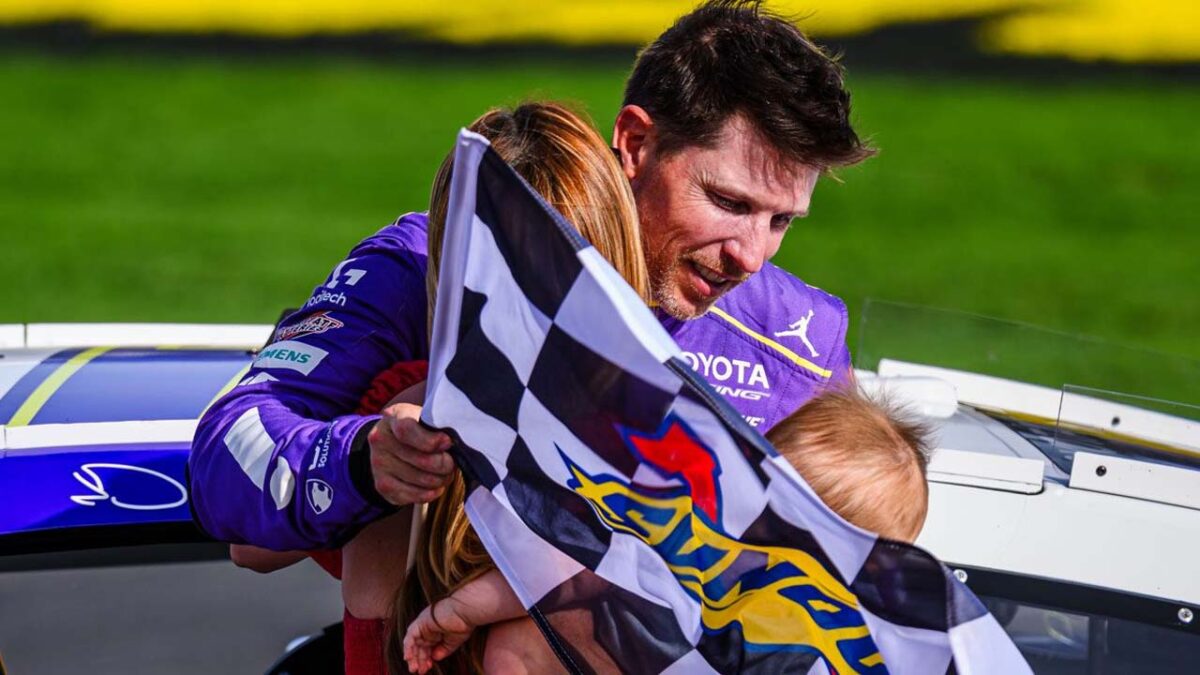 Denny Hamlin Reveals The Maximum Number of Races He Could Win Before Retirement 1 Denny Hamlin celebrating Las Vegas win with Wife, Jordan Fish, and Son (via NASCAR)