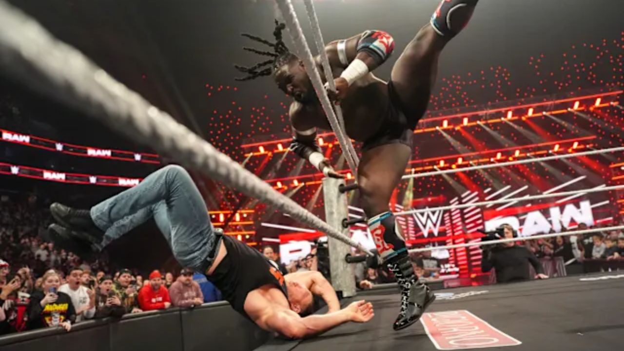WWE Raw 3/23: Oba Femi Humiliates Brock Lesnar yet Again After Dumping Him to the Floor