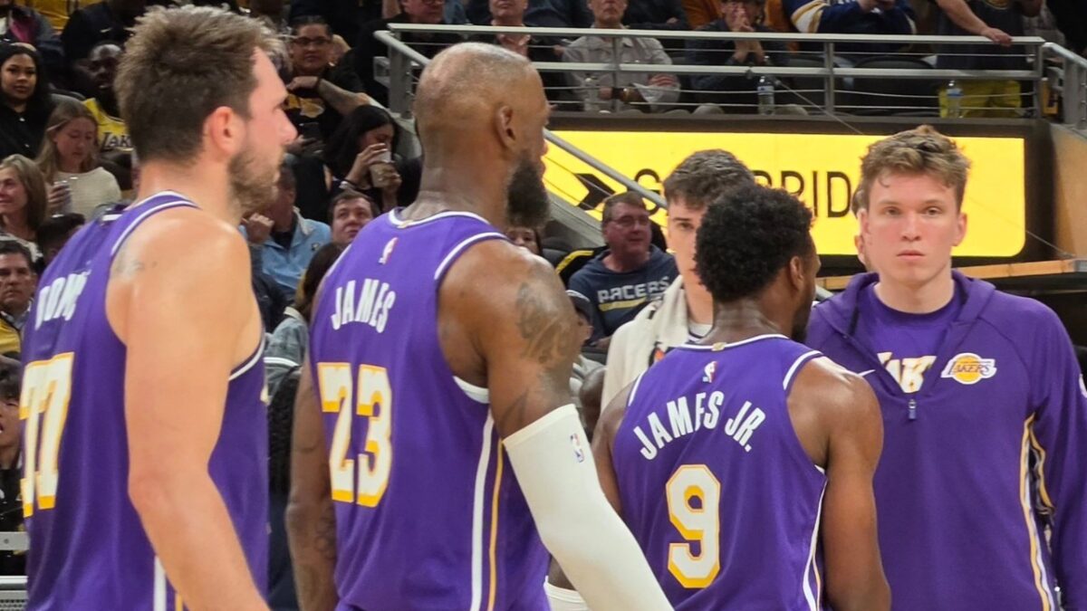 LeBron James and Bronny James along with their Lakers teammates