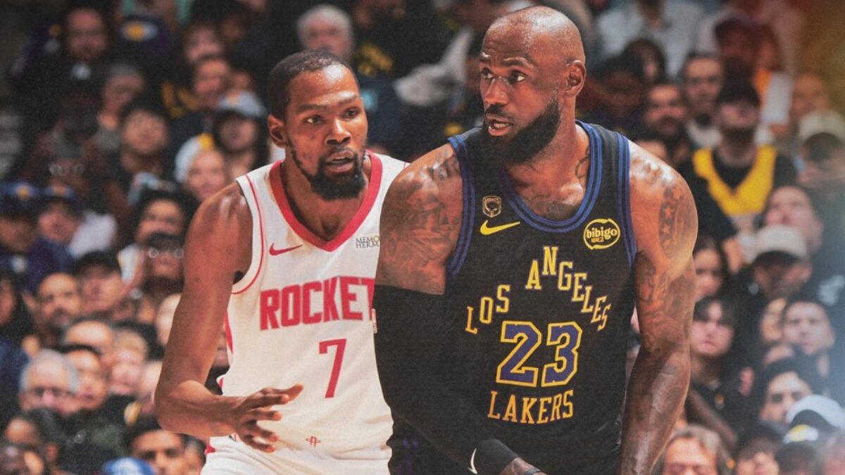 Kevin Durant and LeBron James battling in Game 2