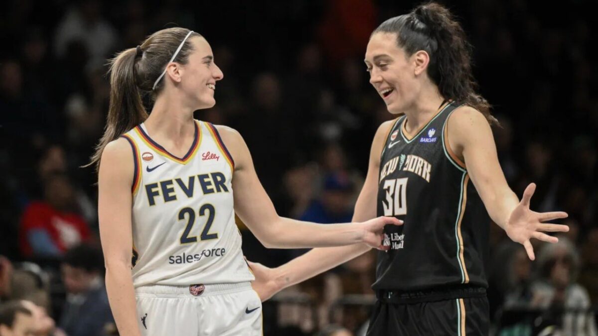 Caitlin Clark and Breanna Stewart during the preseason game