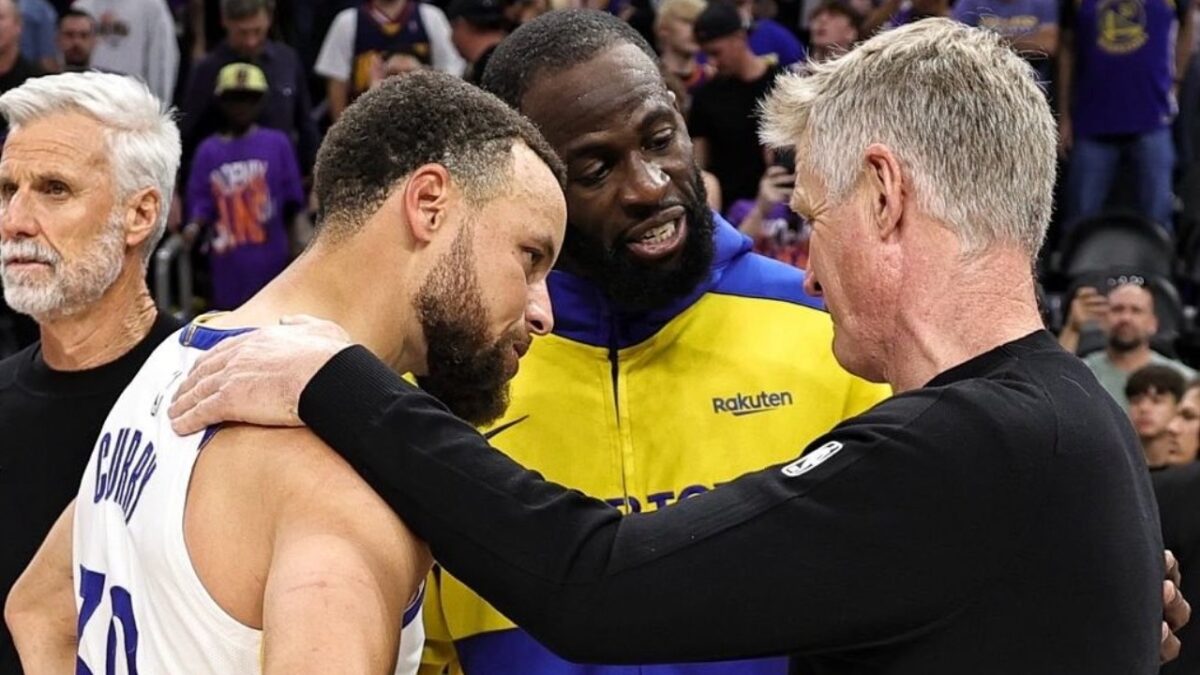 Stephen Curry, Draymond Green, and Steve Kerr after this season's final game