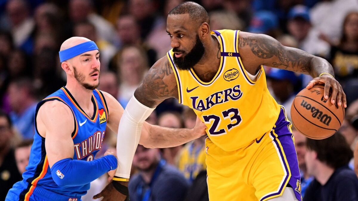 LeBron James Believes Lakers 'Still Got Life' Despite Blowout Game 3 Loss to OKC 1 Alex Caruso defending LeBron James