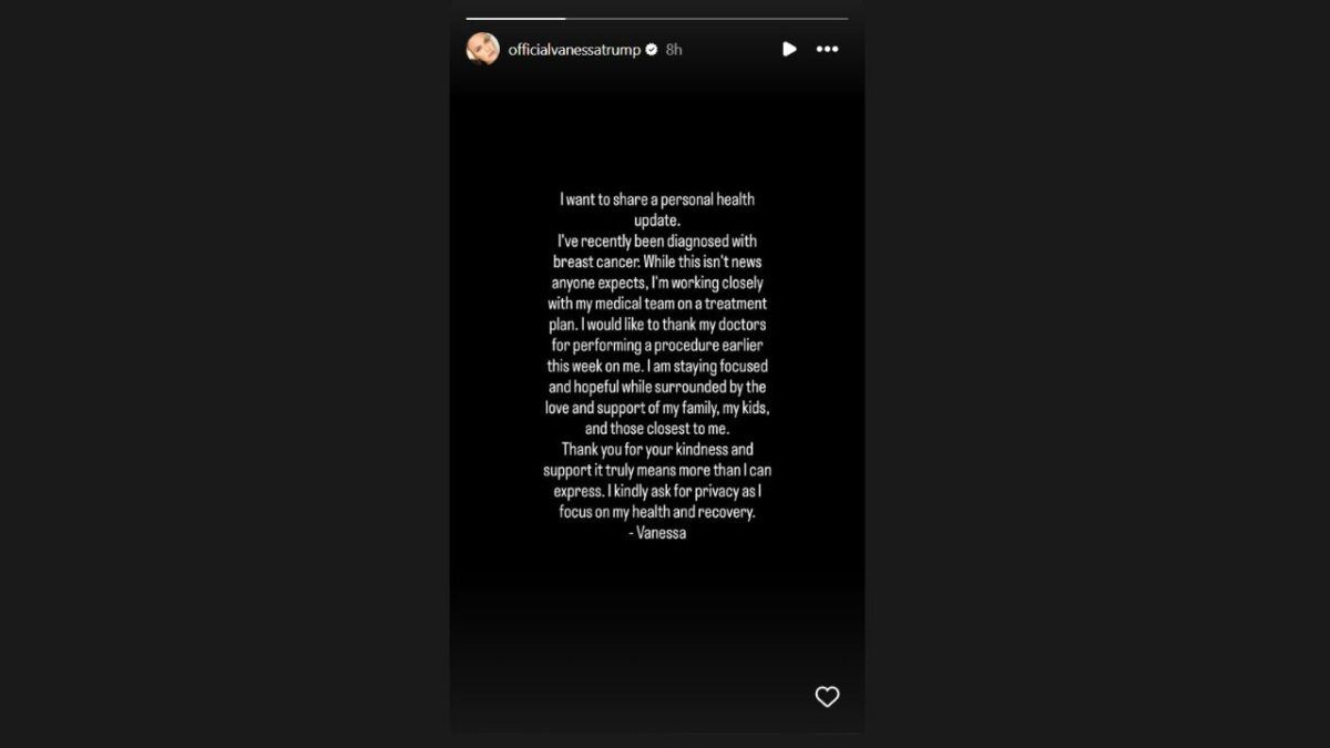 Tiger Woods' Girlfriend Vanessa Trump Reveals Being Diagnosed With Breast Cancer Days After Golfer Returns From Rehab 1 Vanessa Trump's message