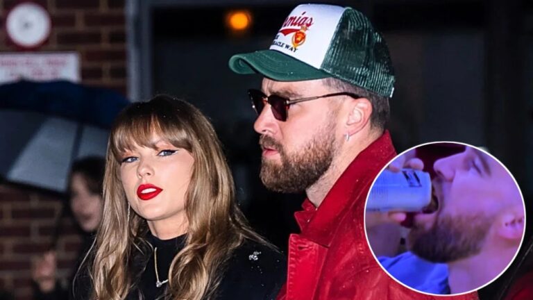Travis Kelce Chugging a Beer at Knicks-Cavs Game Forces Taylor Swift to ...