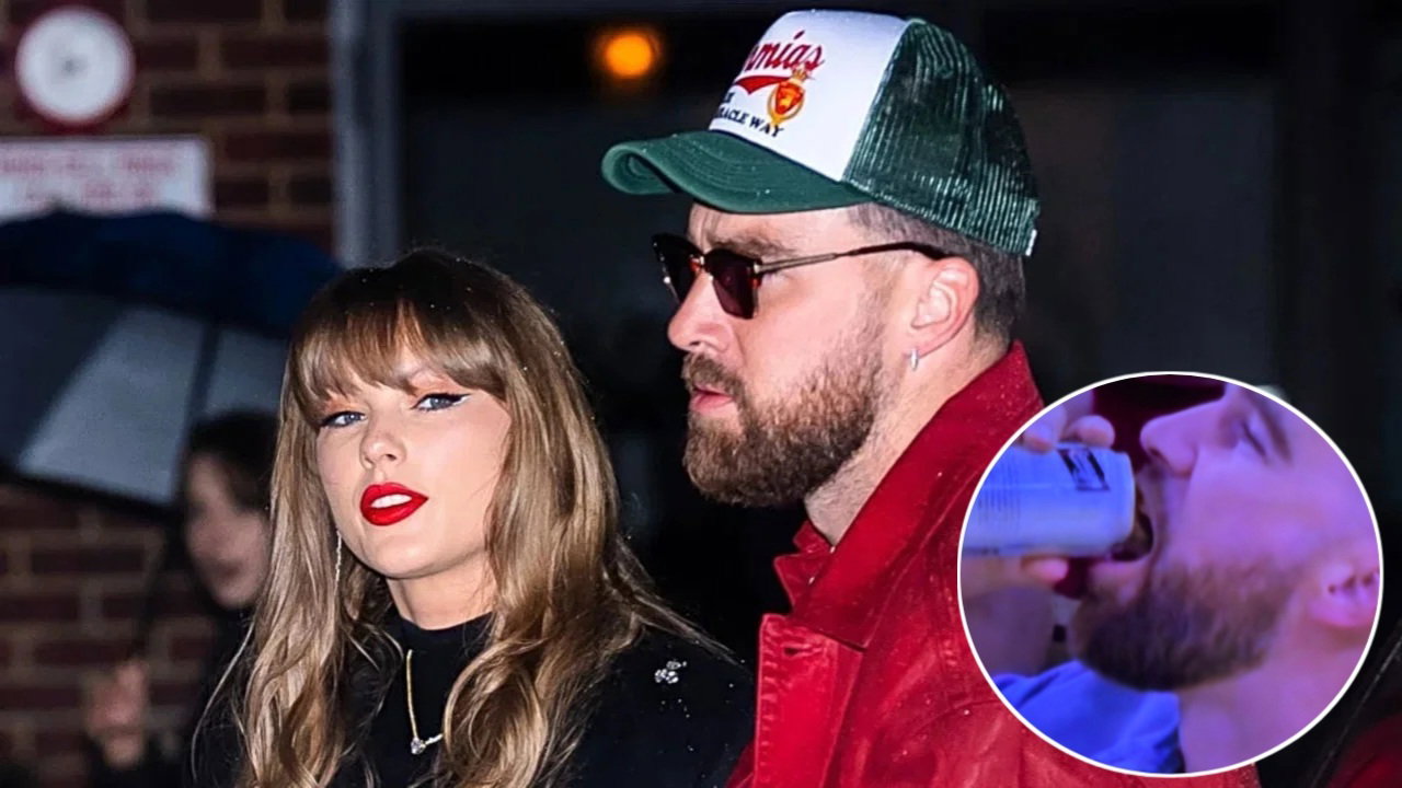 Travis Kelce Chugging a Beer at Knicks-Cavs Game Forces Taylor Swift to Cover her Eyes