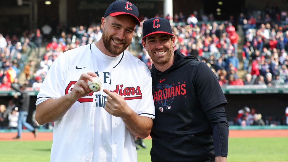 Patrick Mahomes Trolls Travis Kelce After Latter Joins His QB as Minority MLB Team Owners 1 Travis Kelce with former Guardians pitcher Shane Bieber