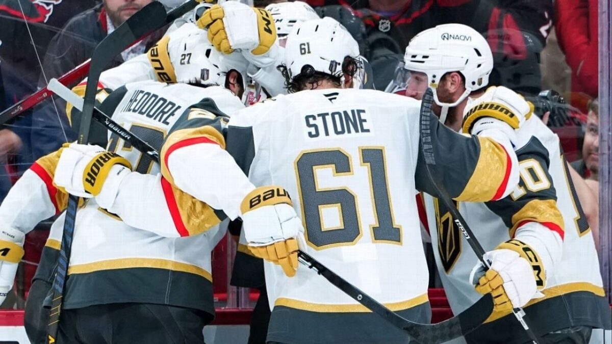 Mitch Marner Focused on Stanley Cup, Not Ready To Share About Dark Moments 1 Vegas Golden Knights huddle in celebration amidst the win over the Canes in Game 1 of the Stanley Cup Series (Image via ESPN)
