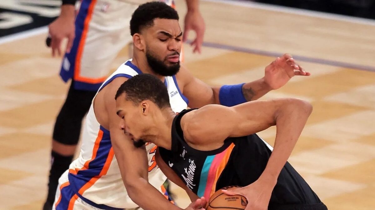 'Emotional Karl-Anthony Towns Credits His Late Mother After Impressive Game 1 Win 1 Karl-Anthony Towns defending Victor Wembanyama