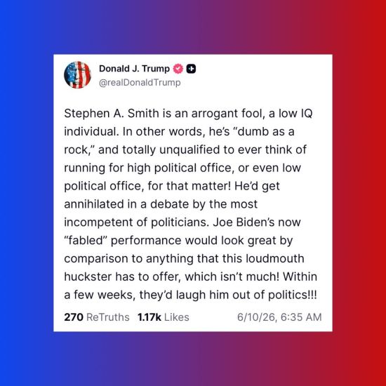 Stephen A. Smith Challenges Donald Trump to Debate After ‘Dumb as a Rock’ Insult 1 Donald Trump wrote on Truth Social