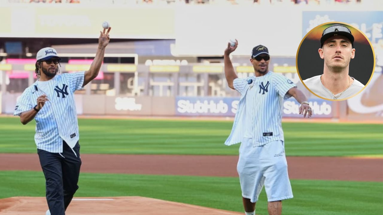 Yankees’ Cody Bellinger Gives His Flowers to Jalen Brunson, Josh Hart and Knicks’ Following NBA Finals Victory