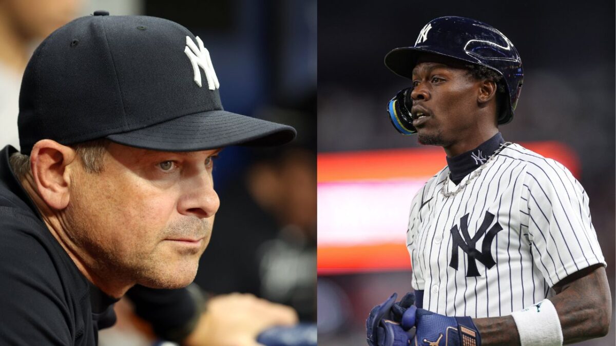 Jazz Chisholm Jr. Exits Game Against White Sox Following Painful Blow to the Groin 1 Aaron Boone and Jazz Chisholm Jr.