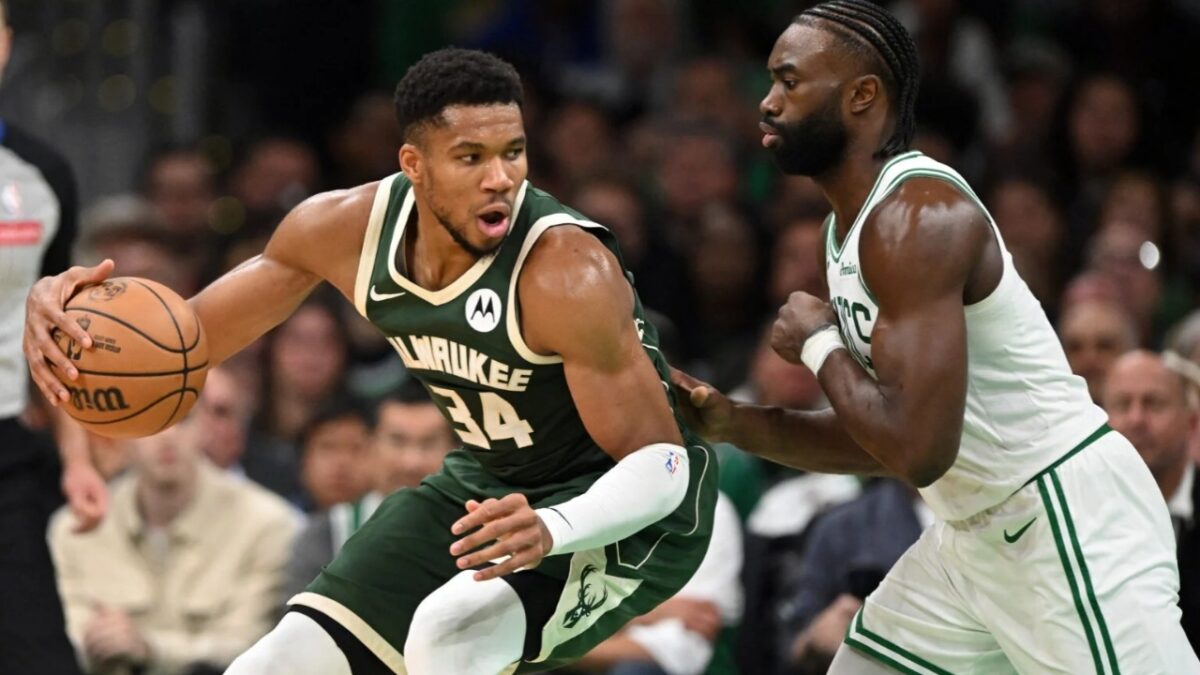 Former Champion Wants Jaylen Brown to Take Celtics' Offer for Giannis Antetokounmpo as Compliment 1 Jaylen Brown guarding Giannis Antetokounmpo