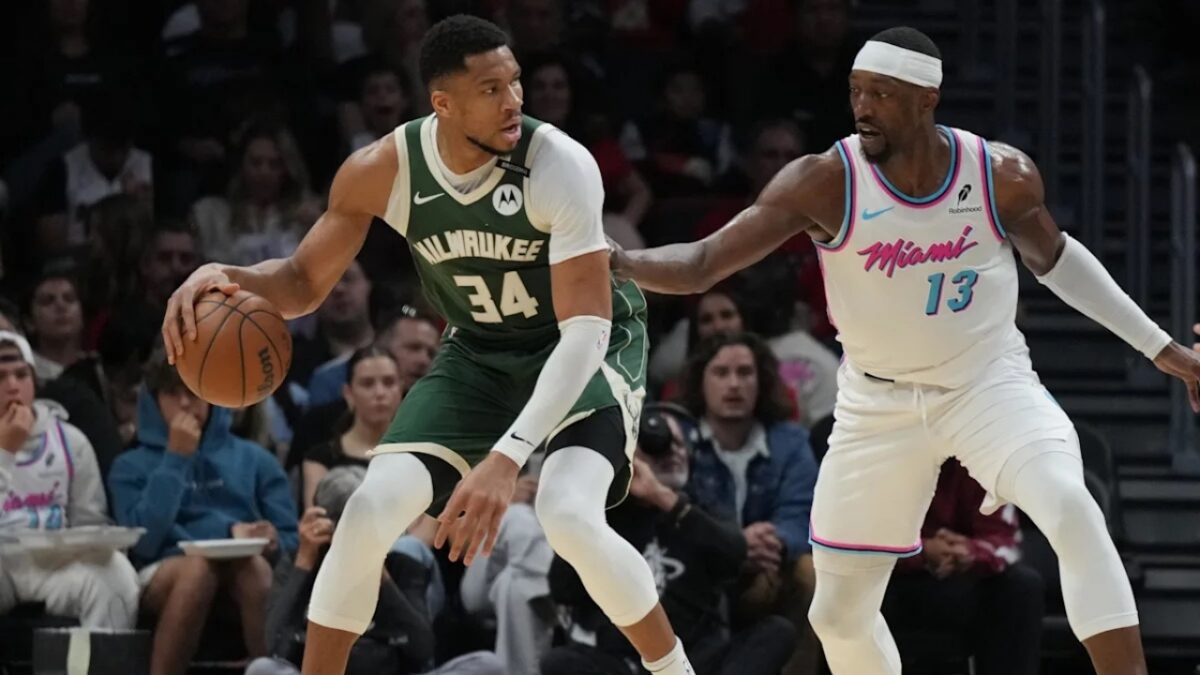 Giannis Antetokounmpo Deal Only the Start, Rich Paul Warns Heat Roster Will Look ‘Totally Different’ 1 Bam Adebayo guarding Giannis Antetokounmpo