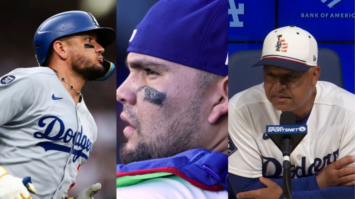 Dodgers' Eliezer Alfonzo Jr. Receives Standing Ovation From Fans During MLB Debut Following Heartbreaking Family Tragedy 1 Miguel Rojas, Eliezer Alfonzo Jr. and Dave Roberts