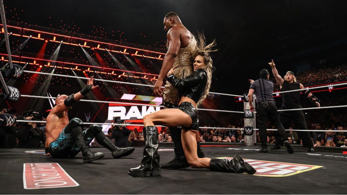 WWE Raw 07/06: LA Knight Drags Roman Reigns and Seth Rollins in Epic Rant 1 Maxxine Dupri delivering the low-blow to Angelo Dawkins on WWE Raw