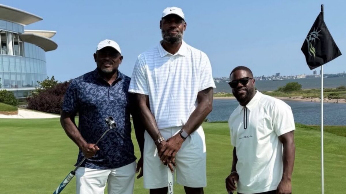 LeBron James and Draymond Green Take Turns to Troll Kevin Hart During Golf 1 LeBron James and Kevin Hart on a golf course