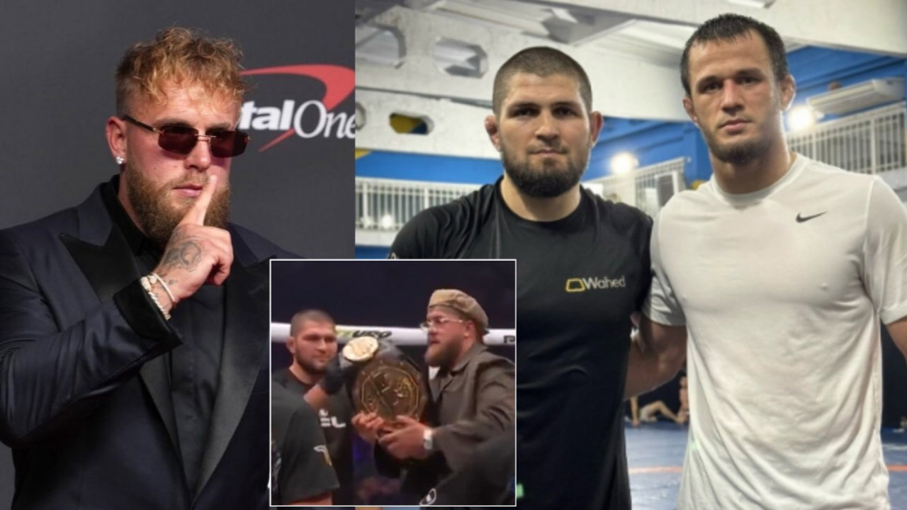 (Video) Khabib Nurmagomedov Snatches Title From Jake Paul to Wrap Around Victorious Cousin