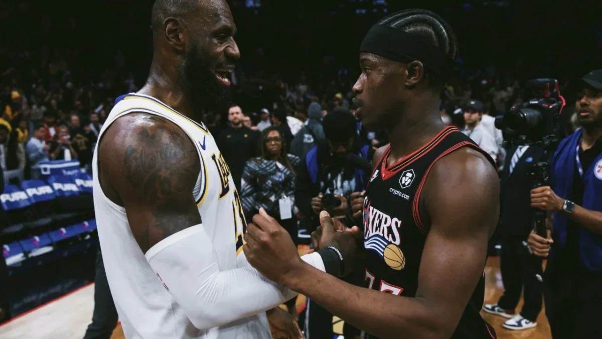LeBron James Joining 76ers Changed VJ Edgecombe's Expectations for Next Season: "Championship or Bust" 1 LeBron James and VJ Edgecombe shaking hands