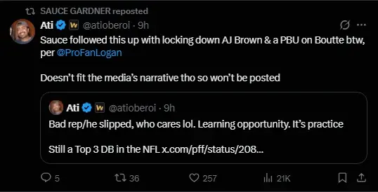 Sauce Gardner Mocks Fans Trolling Him with AJ Brown Ankle-Breaker Clip 1 Gardner reposting the fan tweet