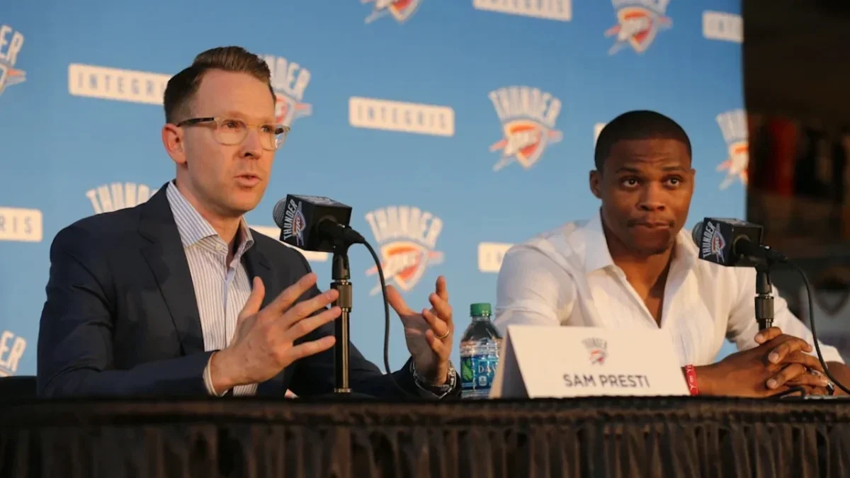 Skip Bayless Throwing Shade at Russell Westbrook's Legacy After Announcing Retirement Angers Fans - "Give it a Rest, Skippy" 1 Sam Presti and Russell Westbrook