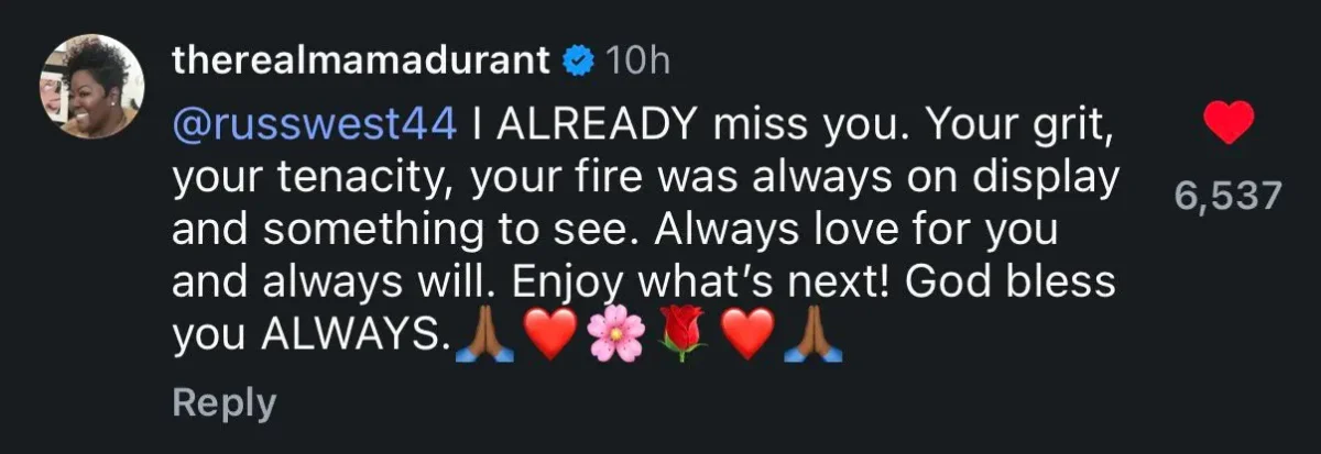 Kevin Durant's Wholesome Tribute to Russell Westbrook Melts Hearts - "This Hit Different" 2 Wanda Durant's comment