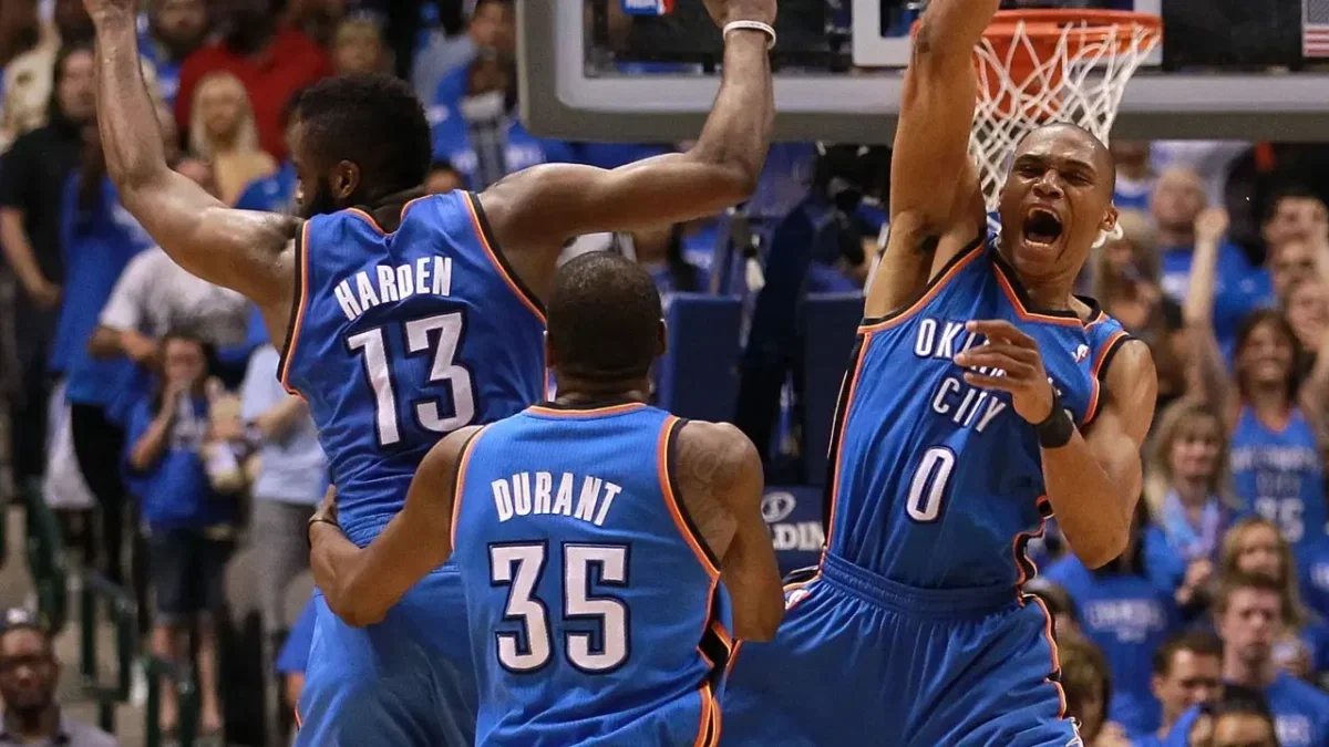 Kevin Durant's Wholesome Tribute to Russell Westbrook Melts Hearts - "This Hit Different" 1 James Harden, Durant, and Westbrook during their YN days