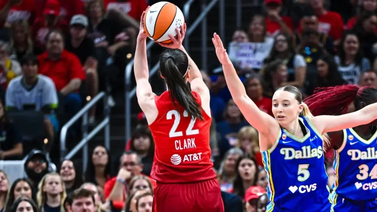 Stephanie White Praises Caitlin Clark's 20-Point 2nd-Half Explosion in Win Over Paige Bueckers' Wings 1 Clark drilling a shot against Paige Bueckers