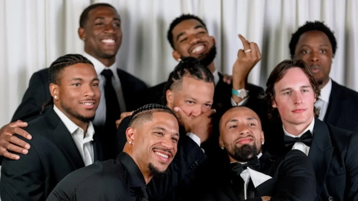 Karl-Anthony Towns Flexes Championship Trophy at Star-Studded Wedding to Jordyn Woods 1 Karl-Anthony Towns and his Knicks teammates