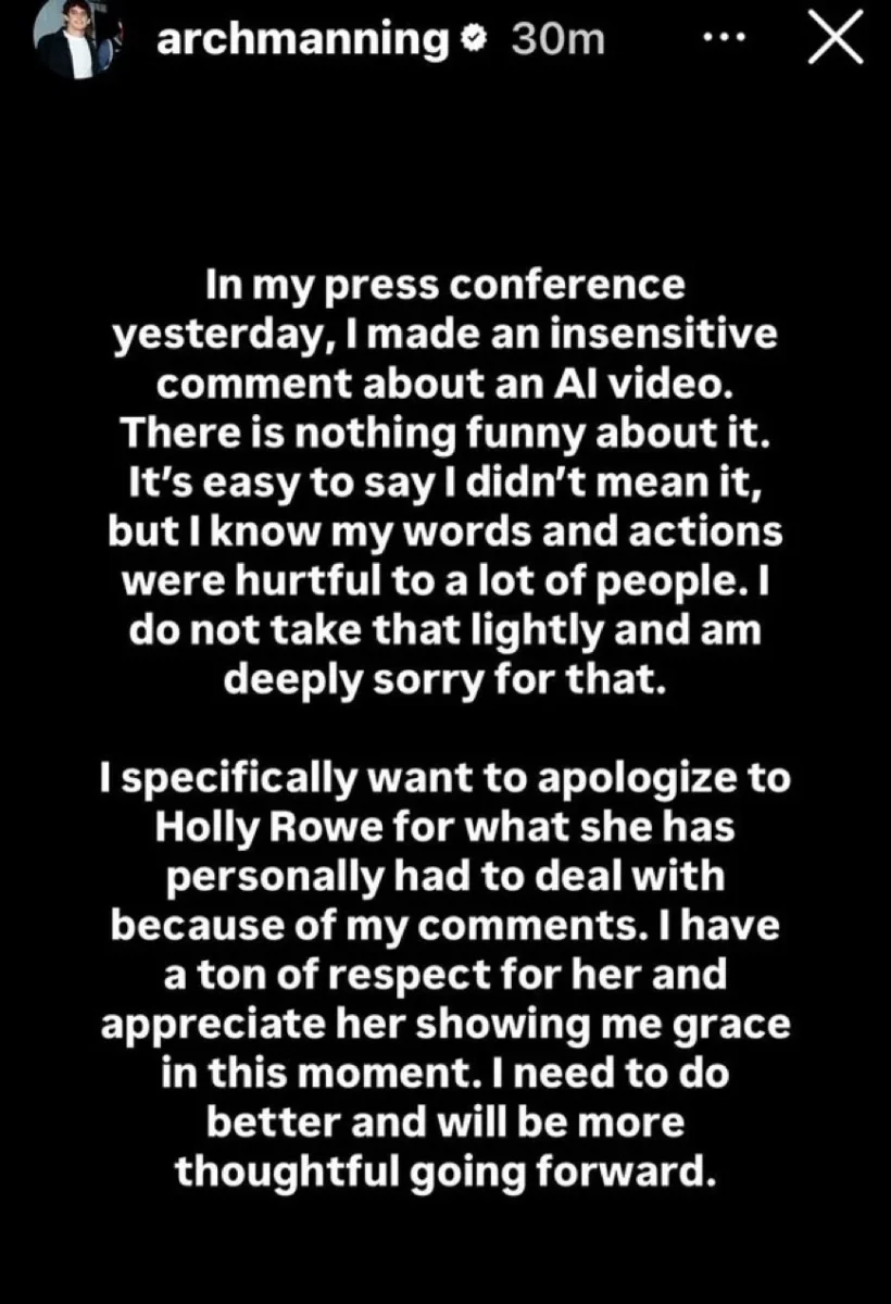 Arch Manning Apologizes to Holly Rowe After Insensitively Mocking Reporter's AI Slap Video 1 Manning's apology