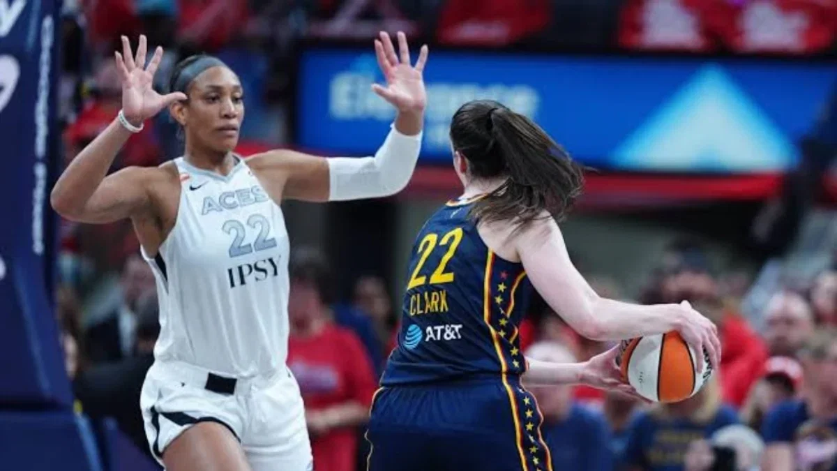 "She’s Like LeBron James," Sophie Cunningham Calls Out WNBA's Double Standards Over A’ja Wilson ‘Pointing’ Situation 1 A'ja Wilson guarding Caitlin Clark