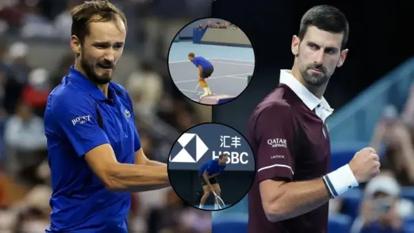 Daniil Medvedev (l) appeared to mock Novak Djokovic (r) during the China Open semifinal (Image via ATP Tour, The New York Times, X Corvath Draemir)