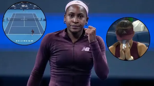 Coco Gauff raised her hand during a rally with Sun Xinran (Image via The Boston Globe, The New York Times, Tennis World USA)