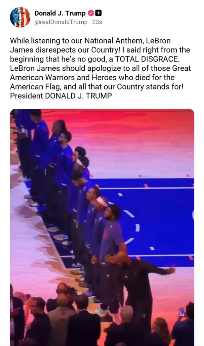 Donald Trump Slams LeBron James for Disrespecting National Anthem Ahead of 76ers Debut 1 Donald Trump's post on Truth Social